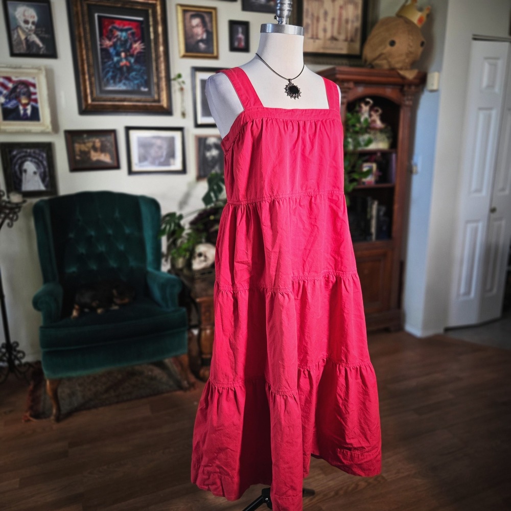 Free Assembly Womens Red Cotton Tiered Casual Midi‎ Dress Sleeveless Square Neck